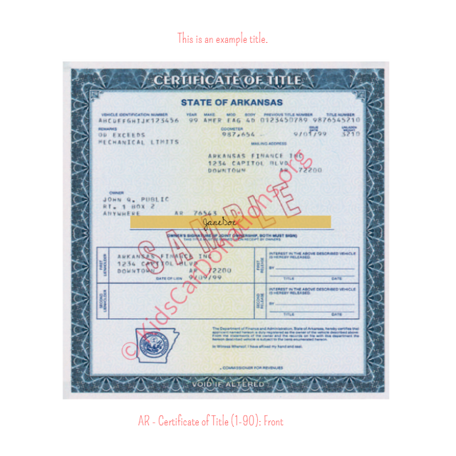 Arkansas Certificate of Title (1-90) Front | Kids Car Donations